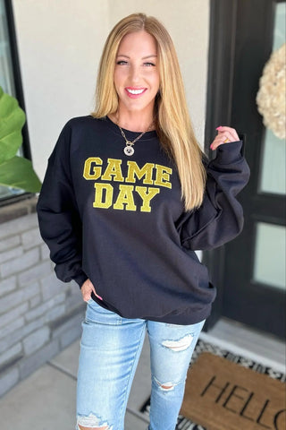 PREORDER: Embroidered Glitter Game Day Sweatshirt in Black/Golden Yellow Ave Shops