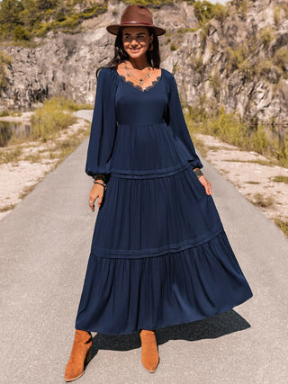 Long Sleeve Lace Trim Maxi Dress Trendsi