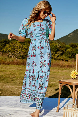 Floral Ruched Puff Sleeve Tiered Maxi Dress Trendsi