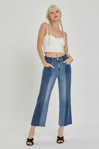 RISEN Full Size Mid-Rise Waist Two-Tones Jeans with Pockets Trendsi