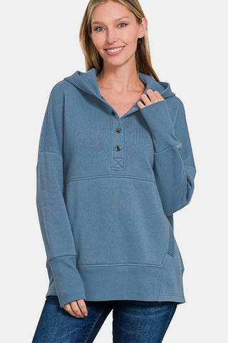 Zenana Half Snap Long Sleeve Hoodie with Kangaroo Pocket Trendsi