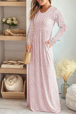 Leopard Round Neck Long Sleeve Maxi Dress Trendsi