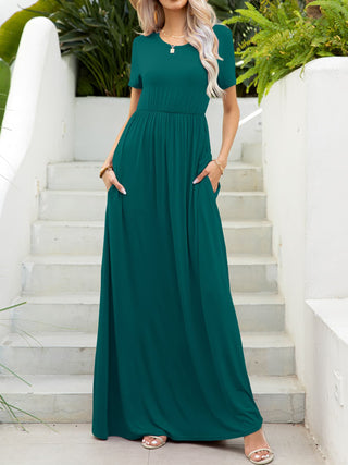 Round Neck Short Sleeve Maxi Dress with Pockets Trendsi