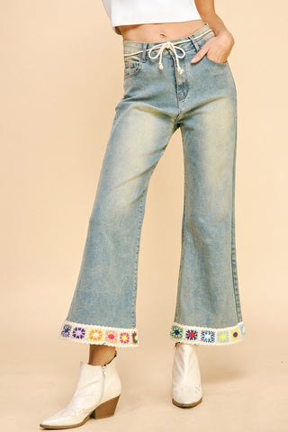 Davi & Dani Crochet Trim Flare Jeans with Pockets Trendsi