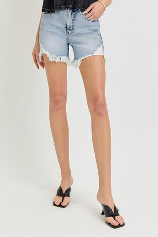 RISEN High Rise Side Step Hem Denim Shorts Trendsi