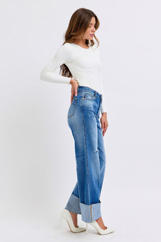 Judy Blue Full Size Distressed High Waist Wide Leg Jeans Trendsi