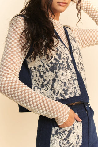 Davi & Dani Lace Patch Open Front Denim Vest Trendsi