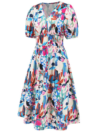 Ruched Printed Surplice Short Sleeve Dress Trendsi