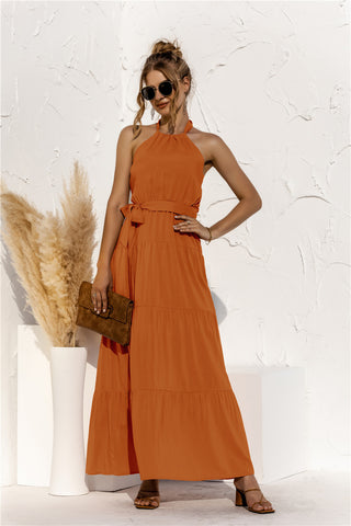 Halter Neck Tie Waist Tiered Maxi Dress Trendsi