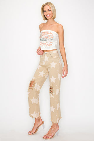 RISEN Full Size High Rise Star Printed Frayed Hem Jeans Trendsi