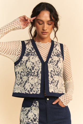 Davi & Dani Lace Patch Open Front Denim Vest Trendsi