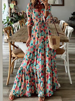 Button Up Ruffle Hem Tiered Maxi Dress Trendsi