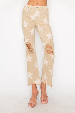 RISEN Full Size High Rise Star Printed Frayed Hem Jeans Trendsi