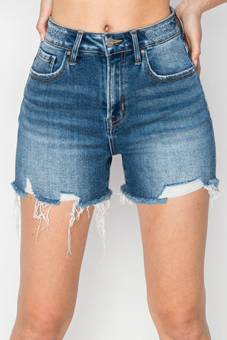 RISEN High Rise Raw Hem Distressed Denim Shorts Trendsi