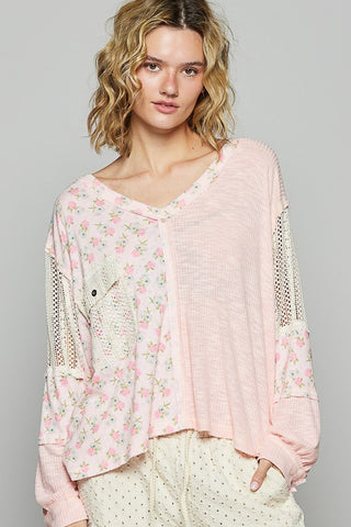 POL Floral Crochet Patch V-Neck Top Trendsi