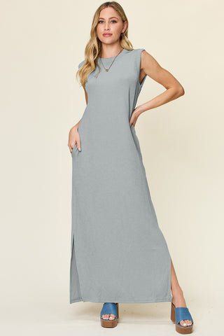 Double Take Full Size Texture Mock Neck Sleeveless Maxi Dress Trendsi