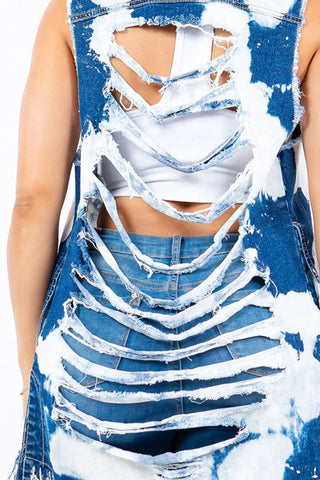 American Bazi Distressed Frayed Edge Longline Denim Vest Trendsi