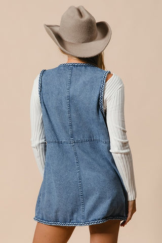 BiBi Braided Trim Open Front Denim Vest with Pockets Trendsi