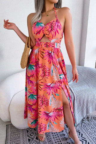 Botanical Print Tied Backless Cutout Slit Dress Trendsi