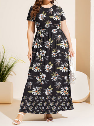 Plus Size Printed Round Neck Short Sleeve Maxi Dress Trendsi