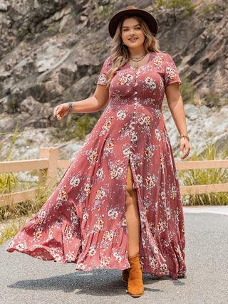 Plus Size Floral Slit Ruffle Hem Dress Trendsi