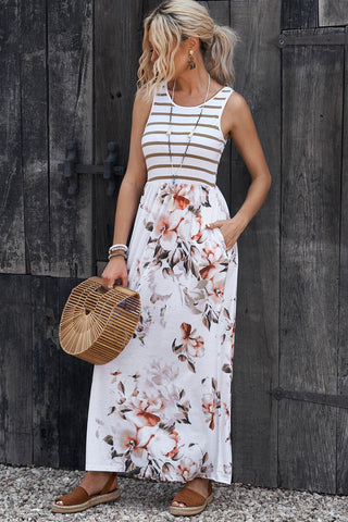 Striped Floral Round Neck Sleeveless Maxi Dress Trendsi