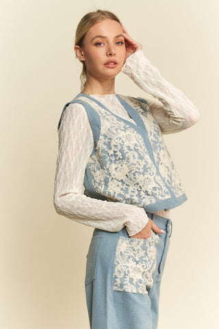 Davi & Dani Lace Patch Open Front Denim Vest Trendsi