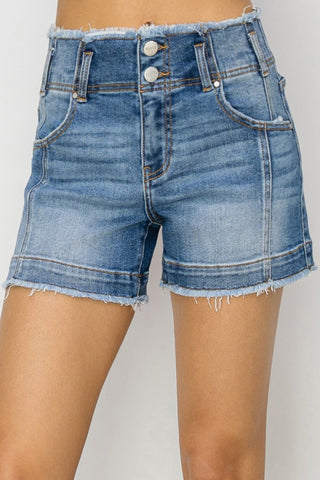 RISEN High Rise Seam Detailed Raw Edge Denim Shorts Trendsi