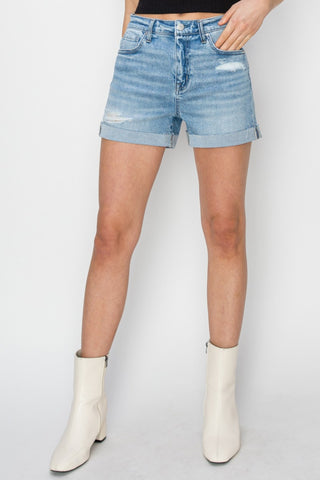 RISEN Distressed Mid-Rise Waist Denim Shorts Trendsi