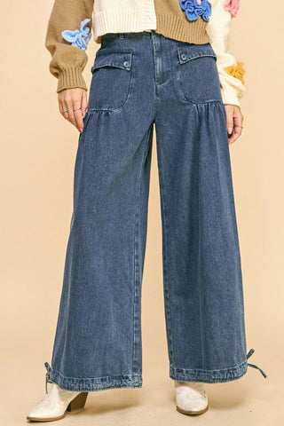 Davi & Dani Drawstring Hem Wide Leg Mid Rise Jeans Trendsi