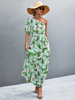 Printed Tie Waist One Shoulder Maxi Dress Trendsi