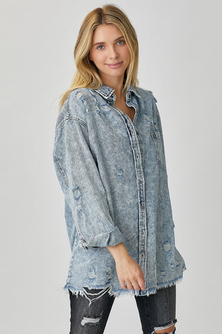 RISEN Distressed Raw Hem Denim Shirt Trendsi