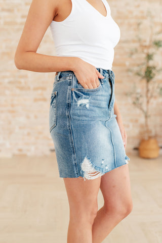 Carol High Rise Rigid Magic Denim Skirt - Fashion Are Us 