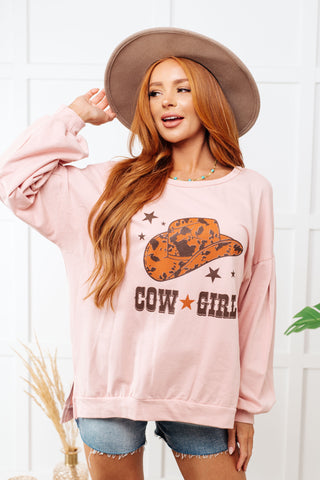 Cow Girl Graphic Pullover in Dusty Pink - Fashion Are Us 