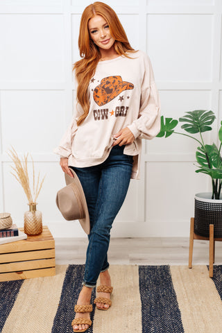 Cow Girl Graphic Pullover in Stone - Fashion Are Us 