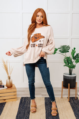 Cow Girl Graphic Pullover in Stone - Fashion Are Us 