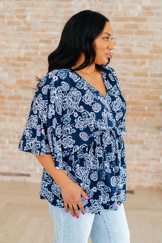 Dreamer Peplum Top in Navy and Pink Paisley - Fashion Are Us 