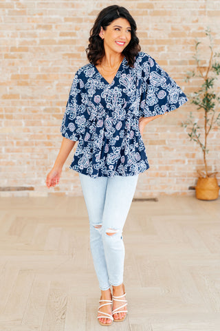 Dreamer Peplum Top in Navy and Pink Paisley - Fashion Are Us 