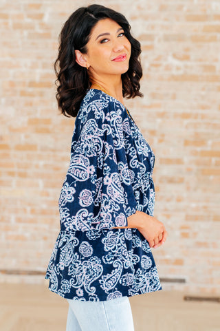 Dreamer Peplum Top in Navy and Pink Paisley - Fashion Are Us 