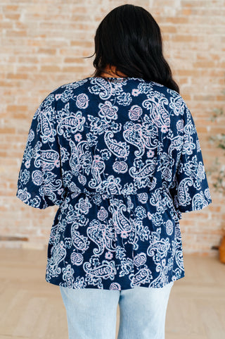 Dreamer Peplum Top in Navy and Pink Paisley - Fashion Are Us 