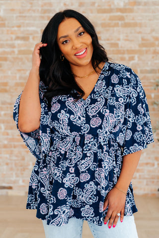 Dreamer Peplum Top in Navy and Pink Paisley - Fashion Are Us 