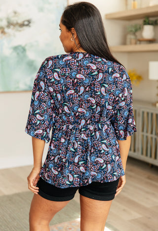 Dreamer Top in Black and Periwinkle Paisley - Fashion Are Us 