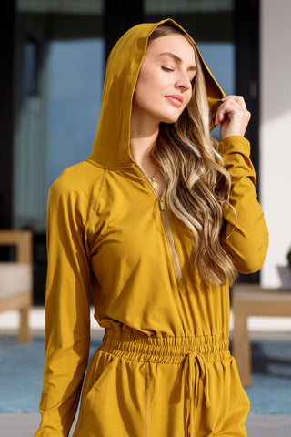 Getting Out Long Sleeve Hoodie Romper Gold Spice - Fashion Are Us, LLC