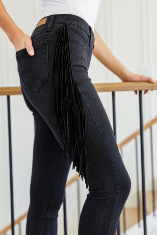 Hilary Side Fringe Skinny Jegging In Black - Fashion Are Us, LLC