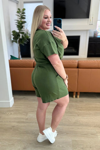 Short Sleeve V-Neck Romper in Army Green Ave Shops