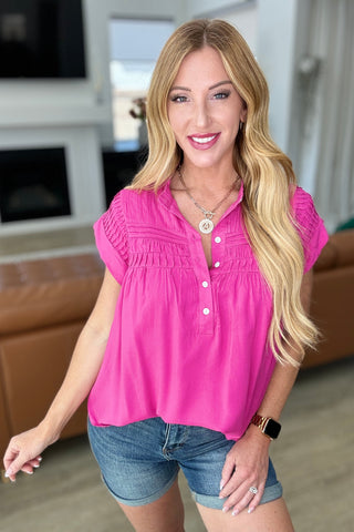 Pleat Detail Button Up Blouse in Hot Pink - Fashion Are Us 