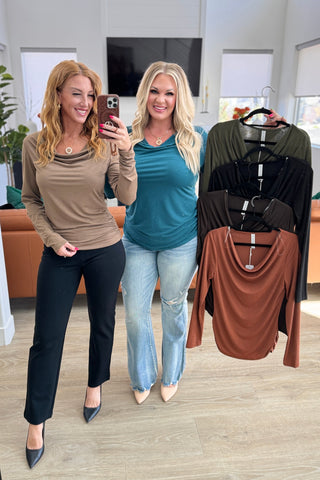 Ruched Cowl Neck Top in Mocha Ave Shops