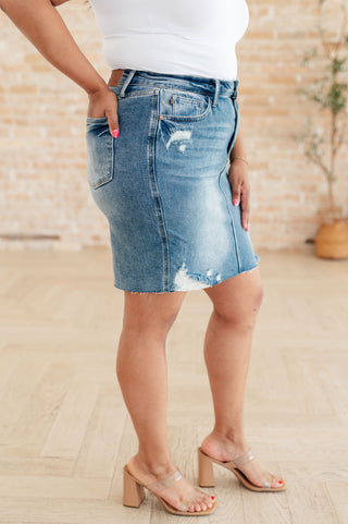 Carol High Rise Rigid Magic Denim Skirt - Fashion Are Us 