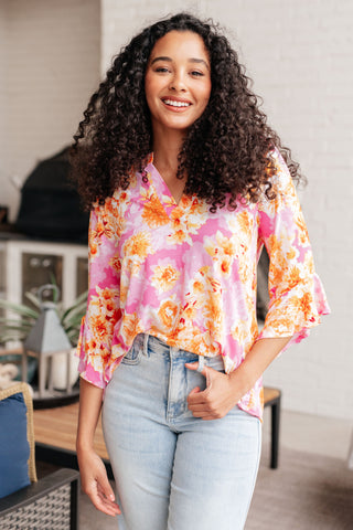 Lizzy Bell Sleeve Top in Pink and Gold Floral - Fashion Are Us, LLC