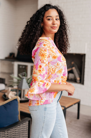 Lizzy Bell Sleeve Top in Pink and Gold Floral - Fashion Are Us, LLC